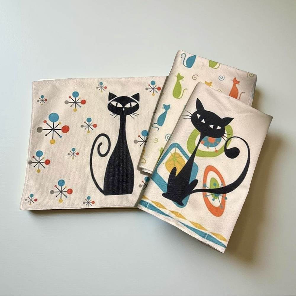 Retro Black Cat Print Microfiber Set of 3 Dish Towels | 25x17”